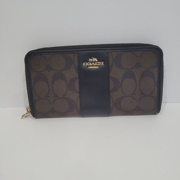 Coach Leather Wallet Black Brown Zip Around Large Clutch Crossgrain Classic - Picture 1 of 10